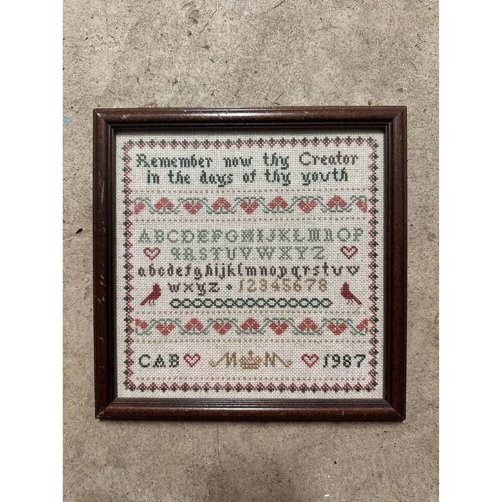 Vintage Sampler Embroidery – Bible Verse Eccl. 12:1 – 1987 – Framed 10” x 10”